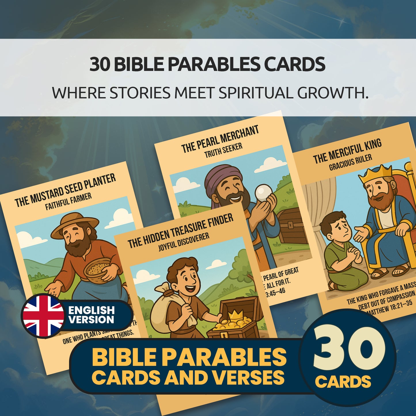Bible Parables Character Cards for Kids | 30 Christian Parable Cards and Verses | Sunday School