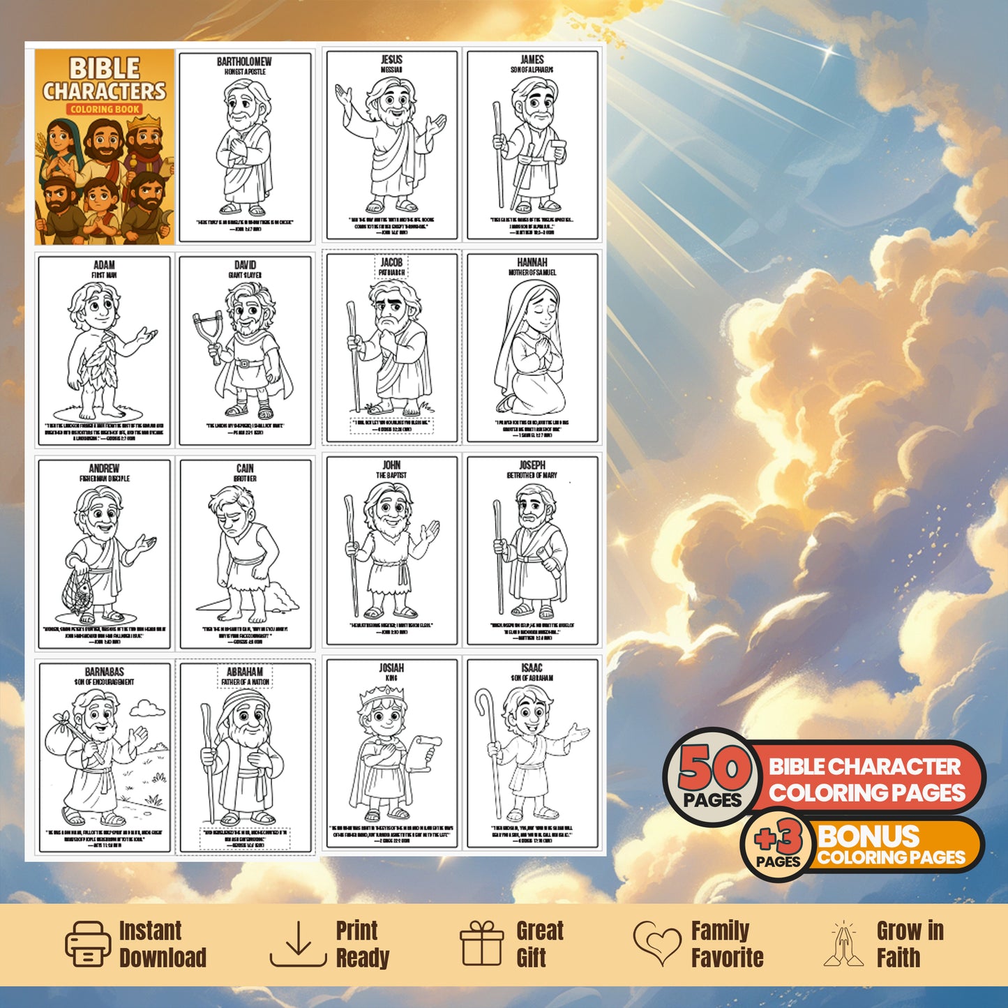 Bible Character Coloring Book for Kids – 50 Printable Pages with Verses & Titles