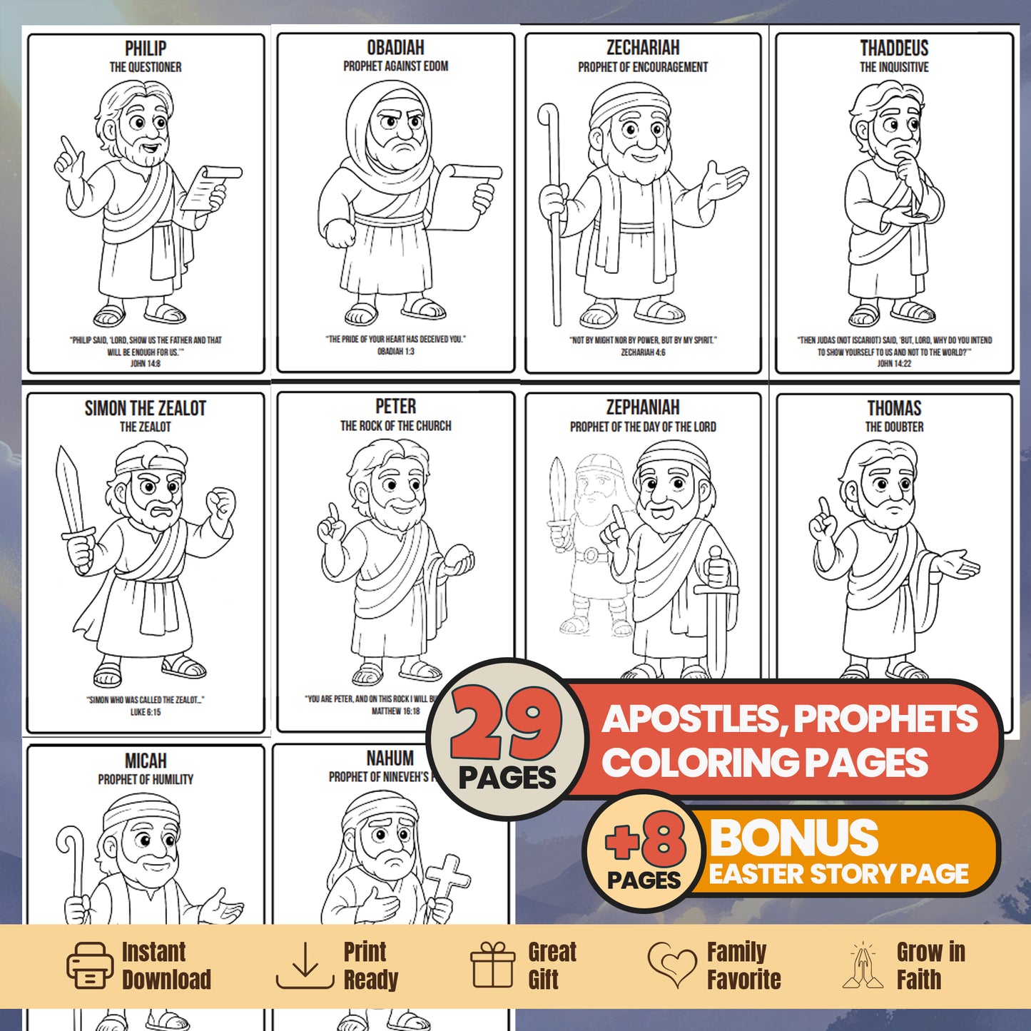 Bible Prophets & Apostles Coloring Book: Christian Activity, Easter Story Bonus (PDF Pattern)