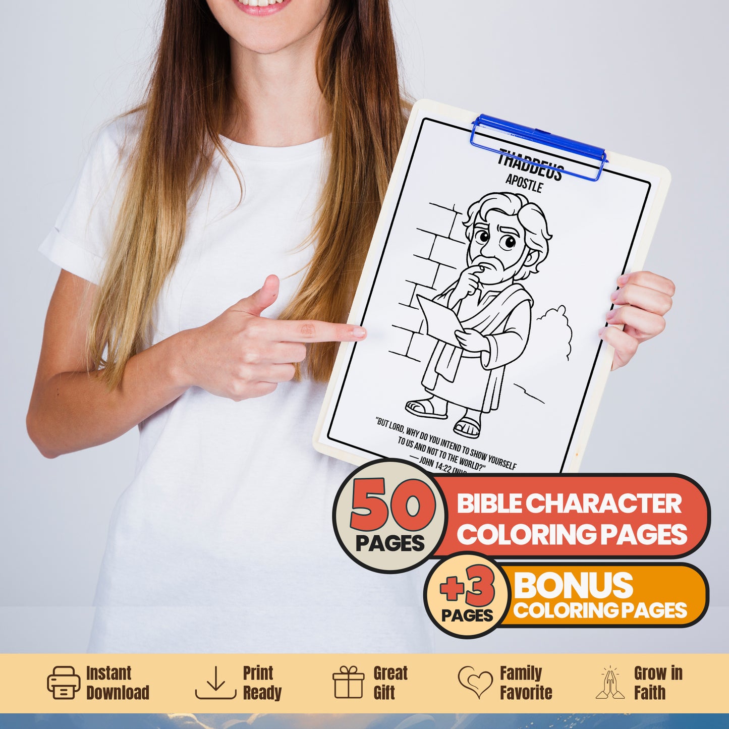 Bible Character Coloring Book for Kids – 50 Printable Pages with Verses & Titles