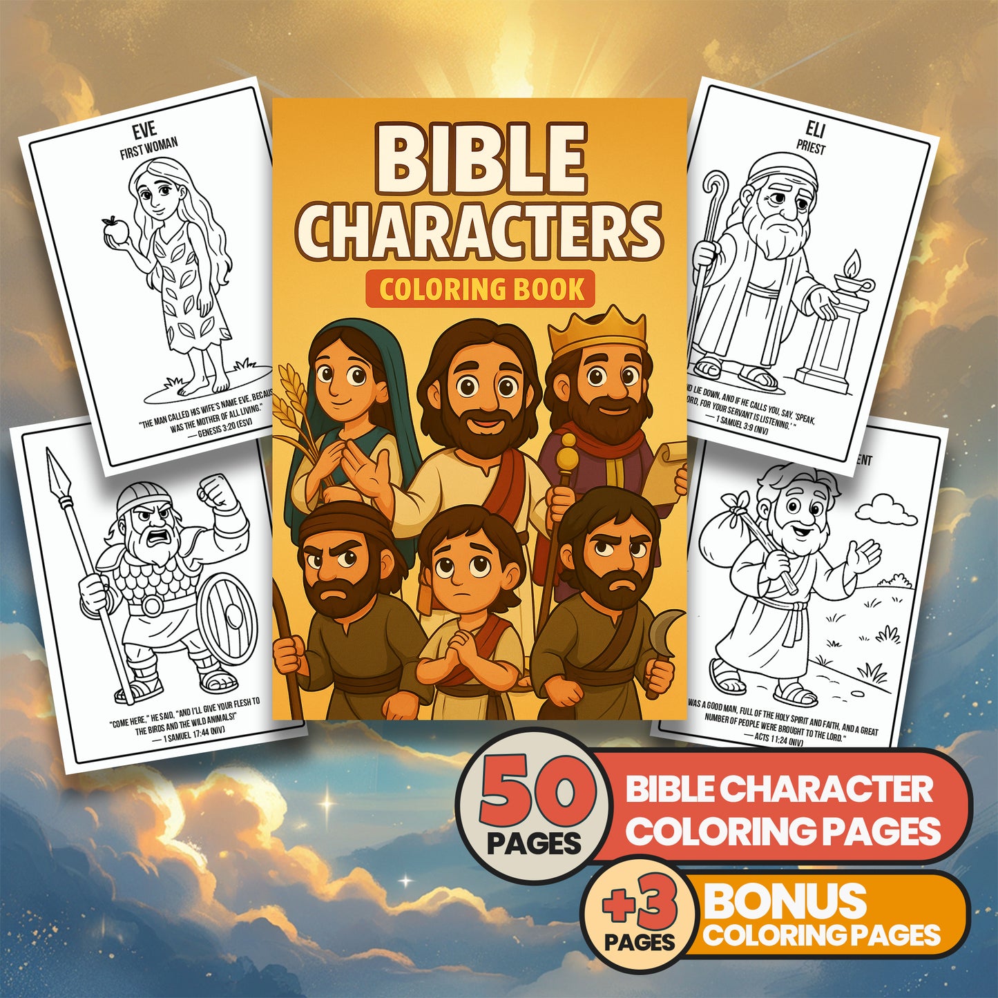 Bible Character Coloring Book for Kids – 50 Printable Pages with Verses & Titles