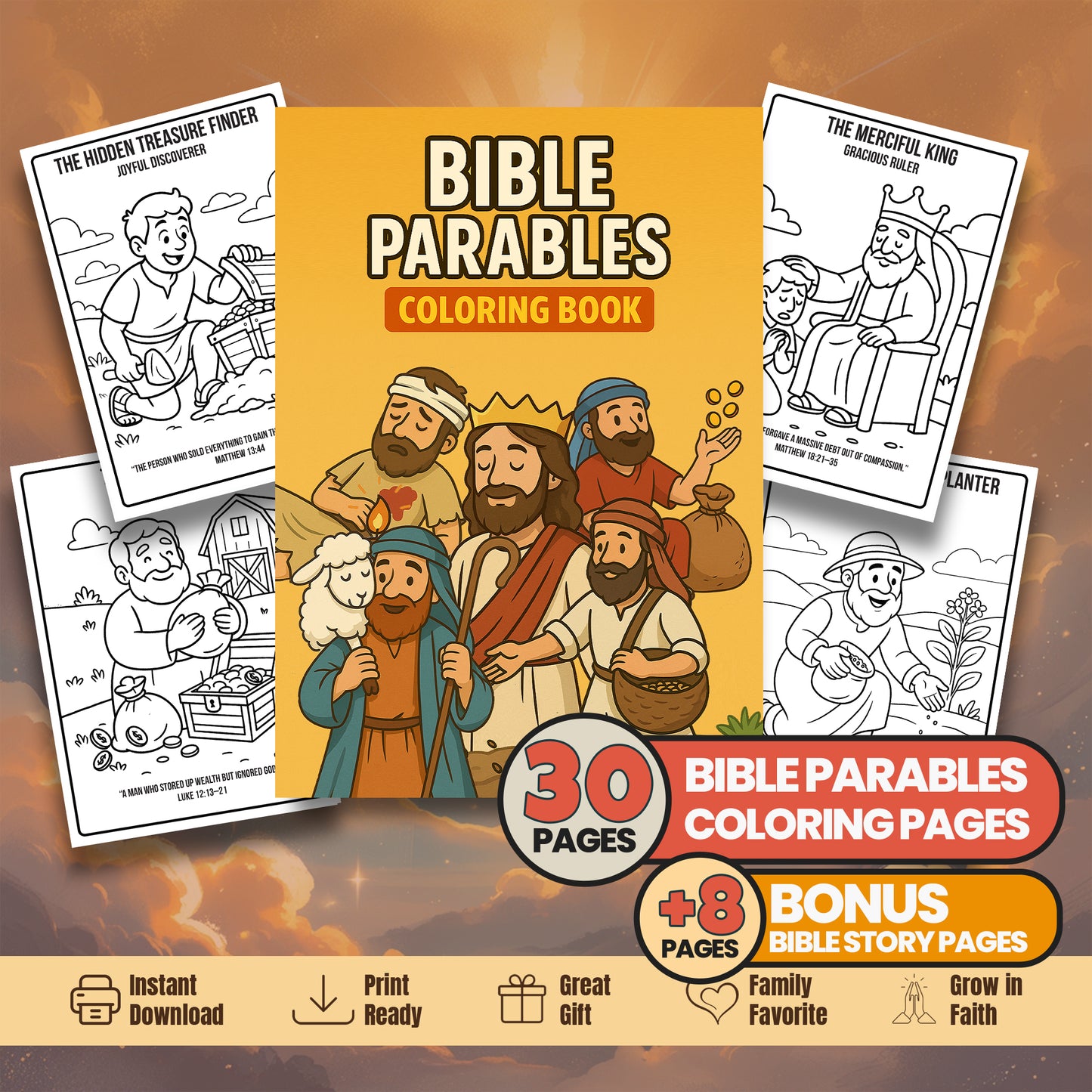 Bible Parables Coloring Book: 30 Printable Pages + Bible Story (Digital Download)
