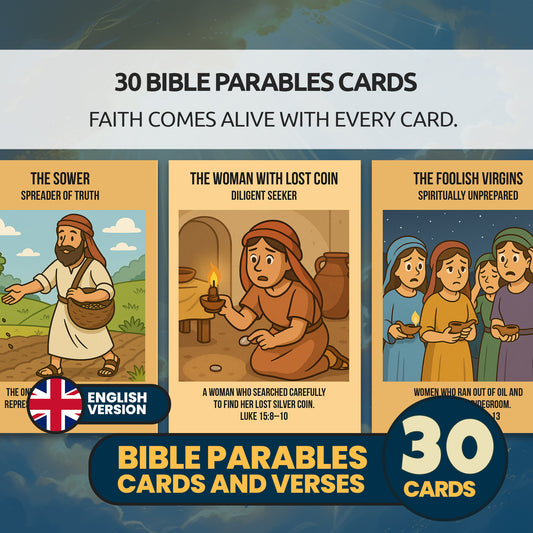 Bible Parables Character Cards for Kids | 30 Christian Parable Cards and Verses | Sunday School