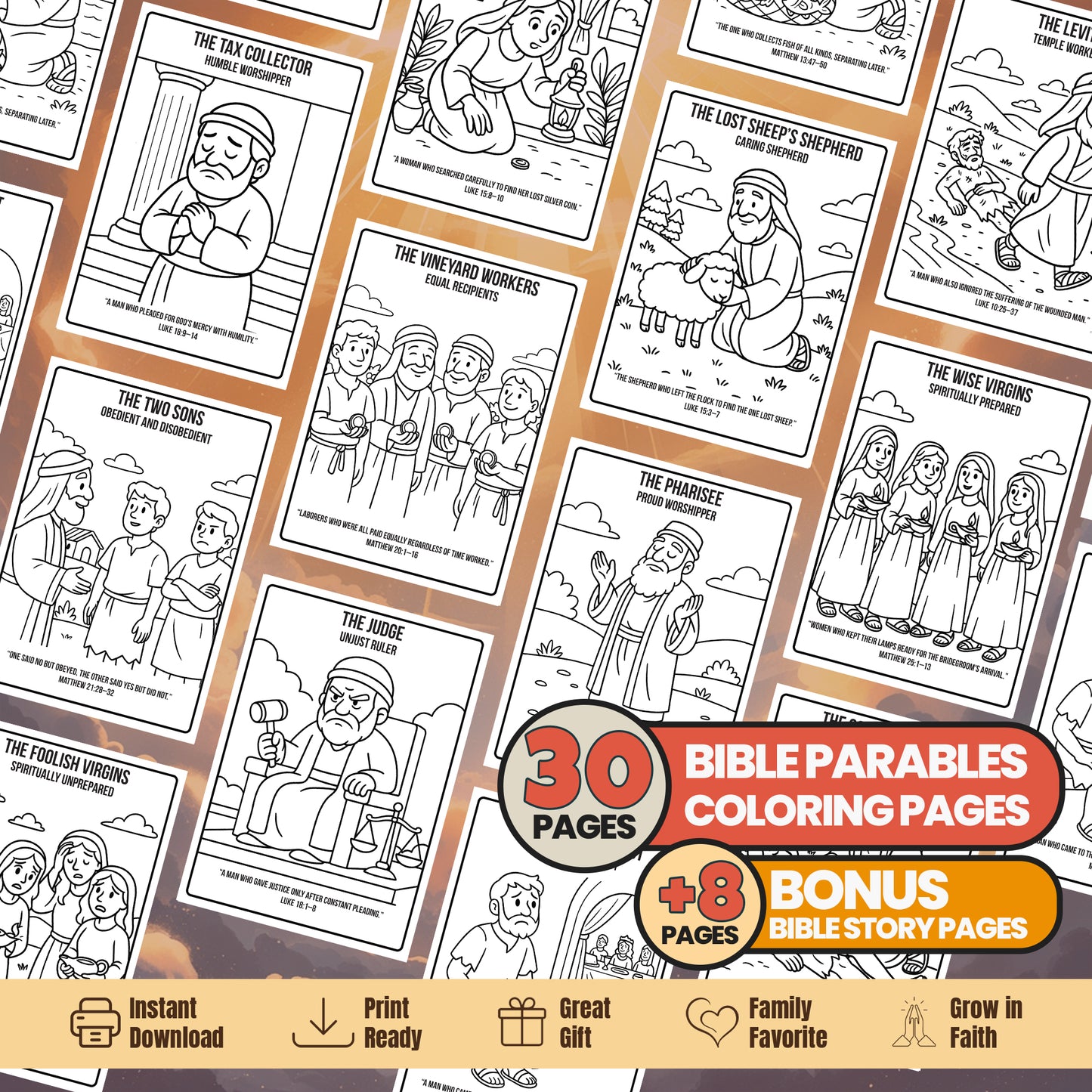 Bible Parables Coloring Book: 30 Printable Pages + Bible Story (Digital Download)