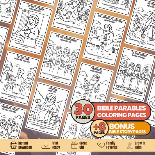 Bible Parables Coloring Book: 30 Printable Pages + Bible Story (Digital Download)