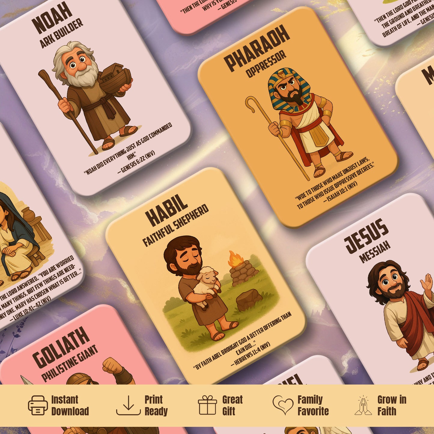 Bible Character Cards for Kids – Printable Christian Flashcards with Verses | Faith Learning Tool