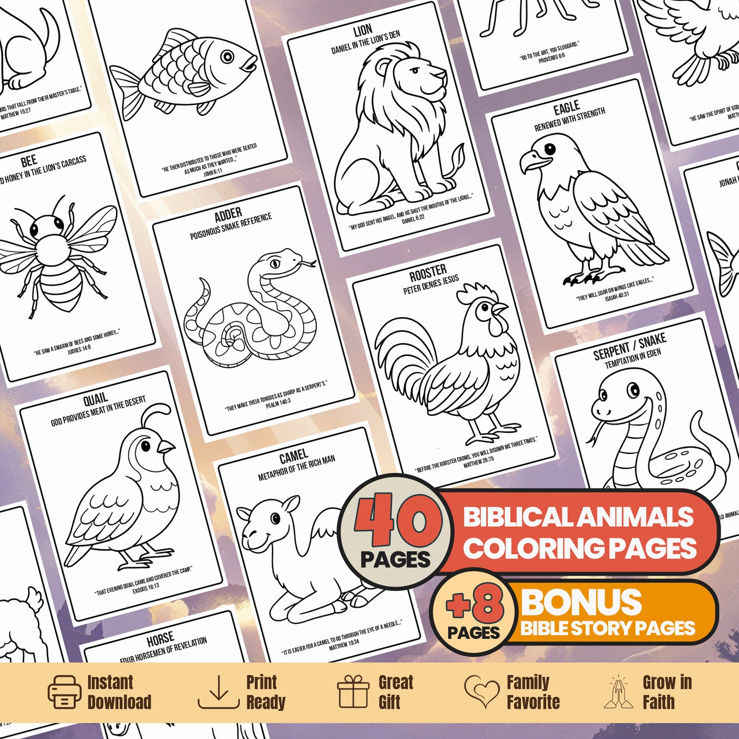 Bible Animals Coloring Book: 48 Christian Printable Pages - Sunday School Homeschool