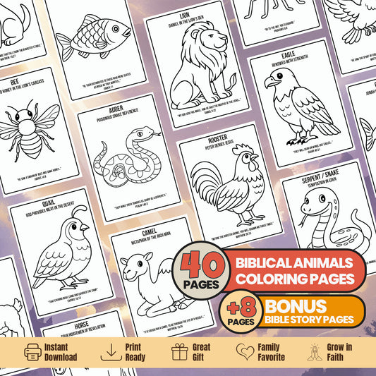 Bible Animals Coloring Book: 48 Christian Printable Pages - Sunday School Homeschool