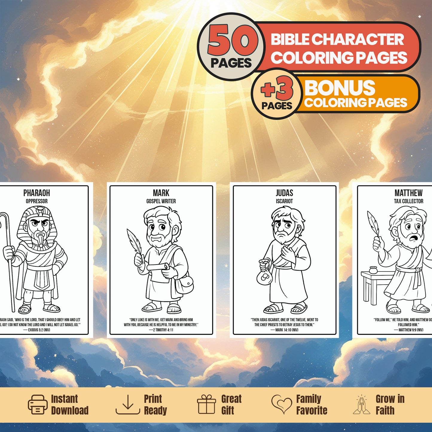 Bible Character Coloring Book for Kids – 50 Printable Pages with Verses & Titles
