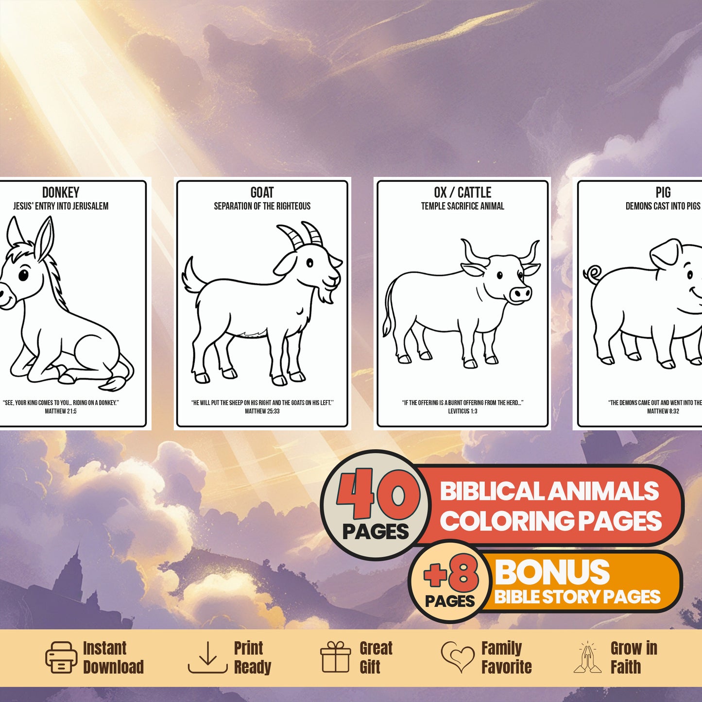 Bible Animals Coloring Book: 48 Christian Printable Pages - Sunday School Homeschool