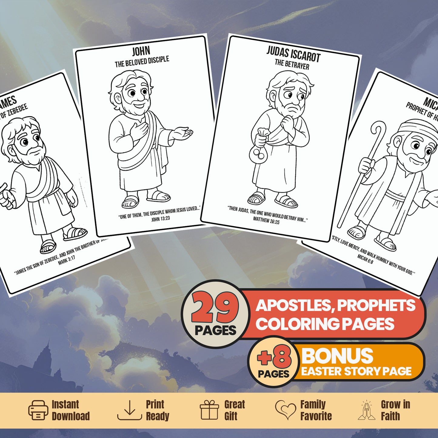 Bible Prophets & Apostles Coloring Book: Christian Activity, Easter Story Bonus (PDF Pattern)