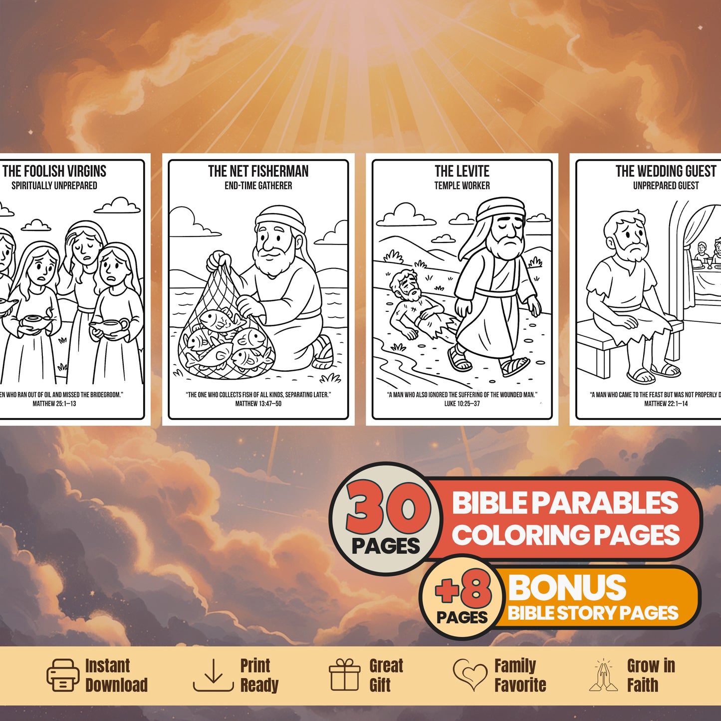 Bible Parables Coloring Book: 30 Printable Pages + Bible Story (Digital Download)