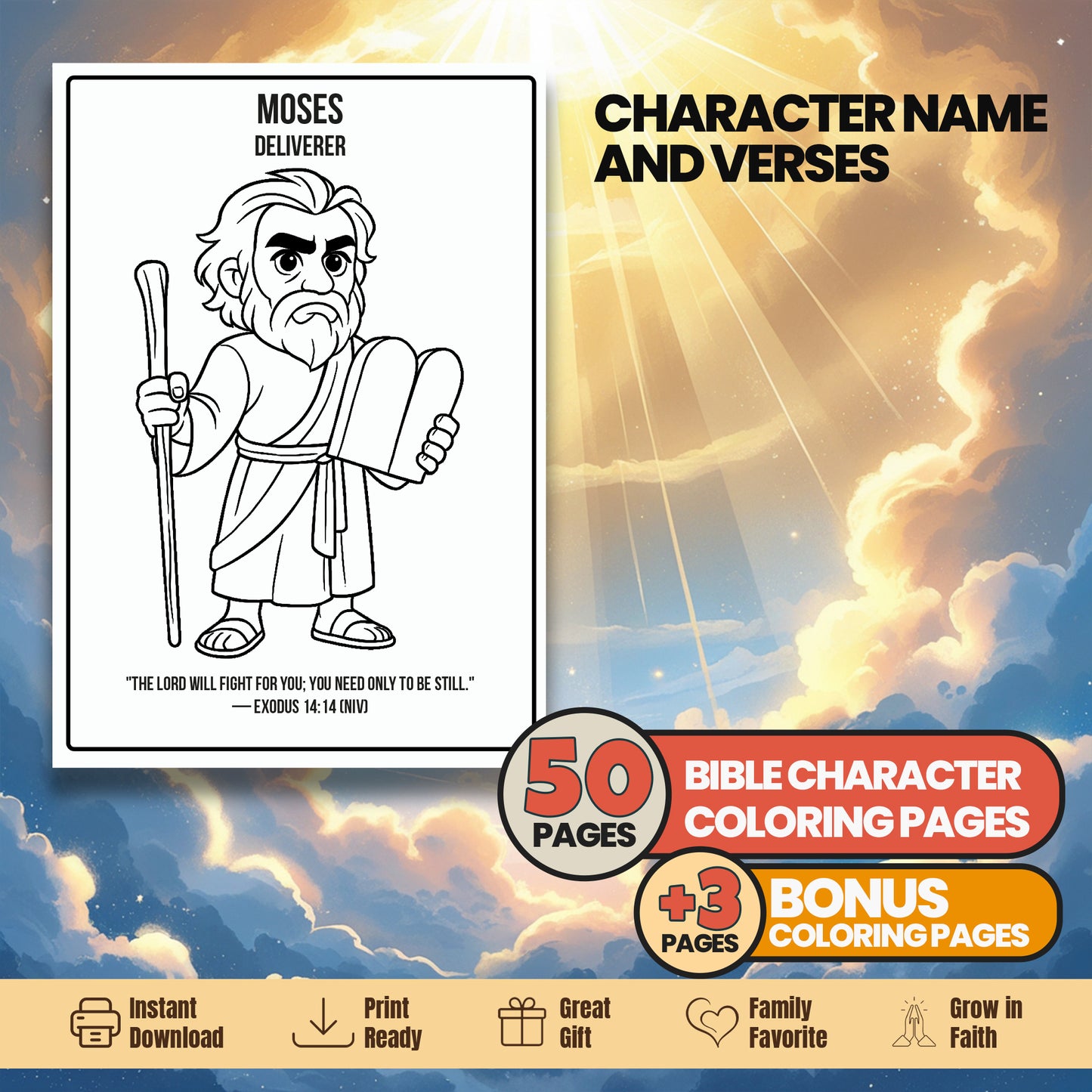 Bible Character Coloring Book for Kids – 50 Printable Pages with Verses & Titles