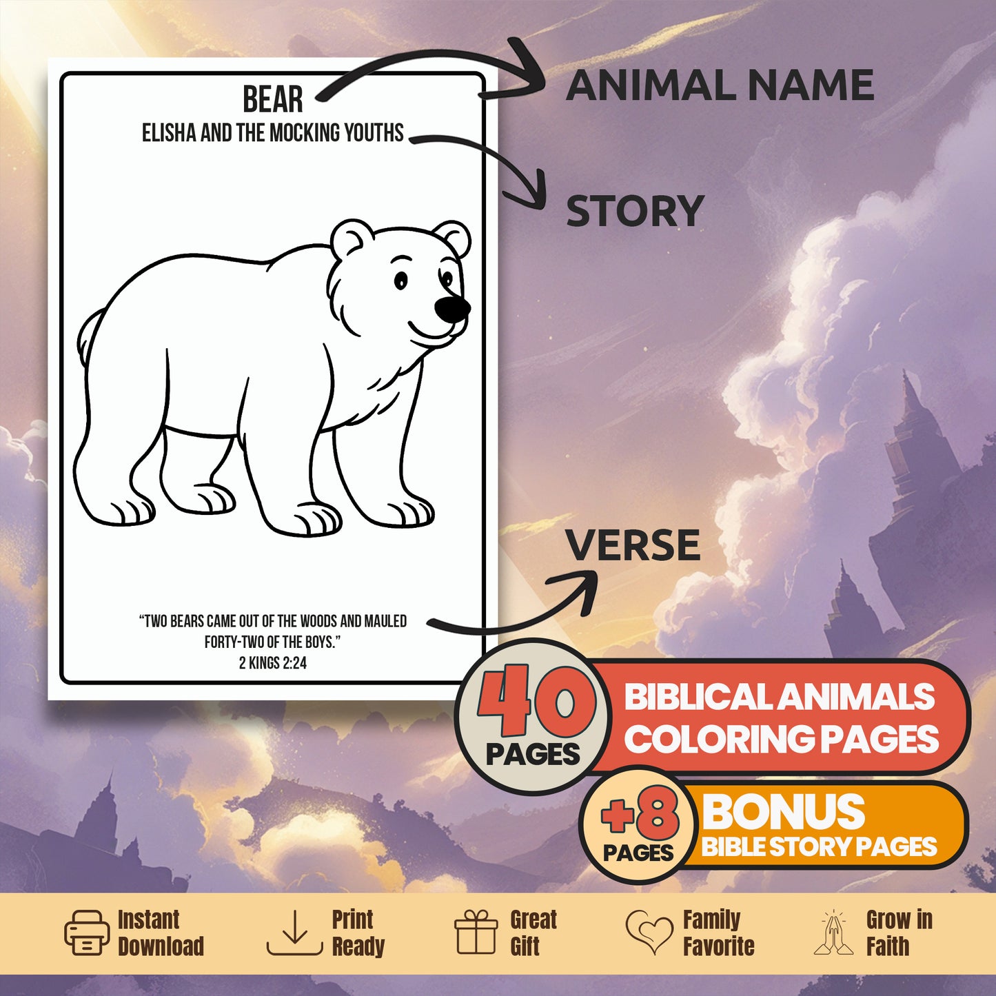 Bible Animals Coloring Book: 48 Christian Printable Pages - Sunday School Homeschool