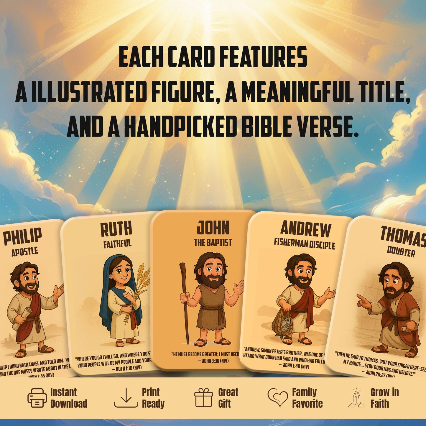 Bible Character Cards for Kids – Printable Christian Flashcards with Verses | Faith Learning Tool