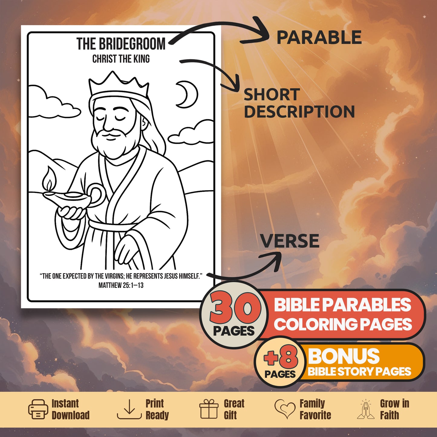 Bible Parables Coloring Book: 30 Printable Pages + Bible Story (Digital Download)