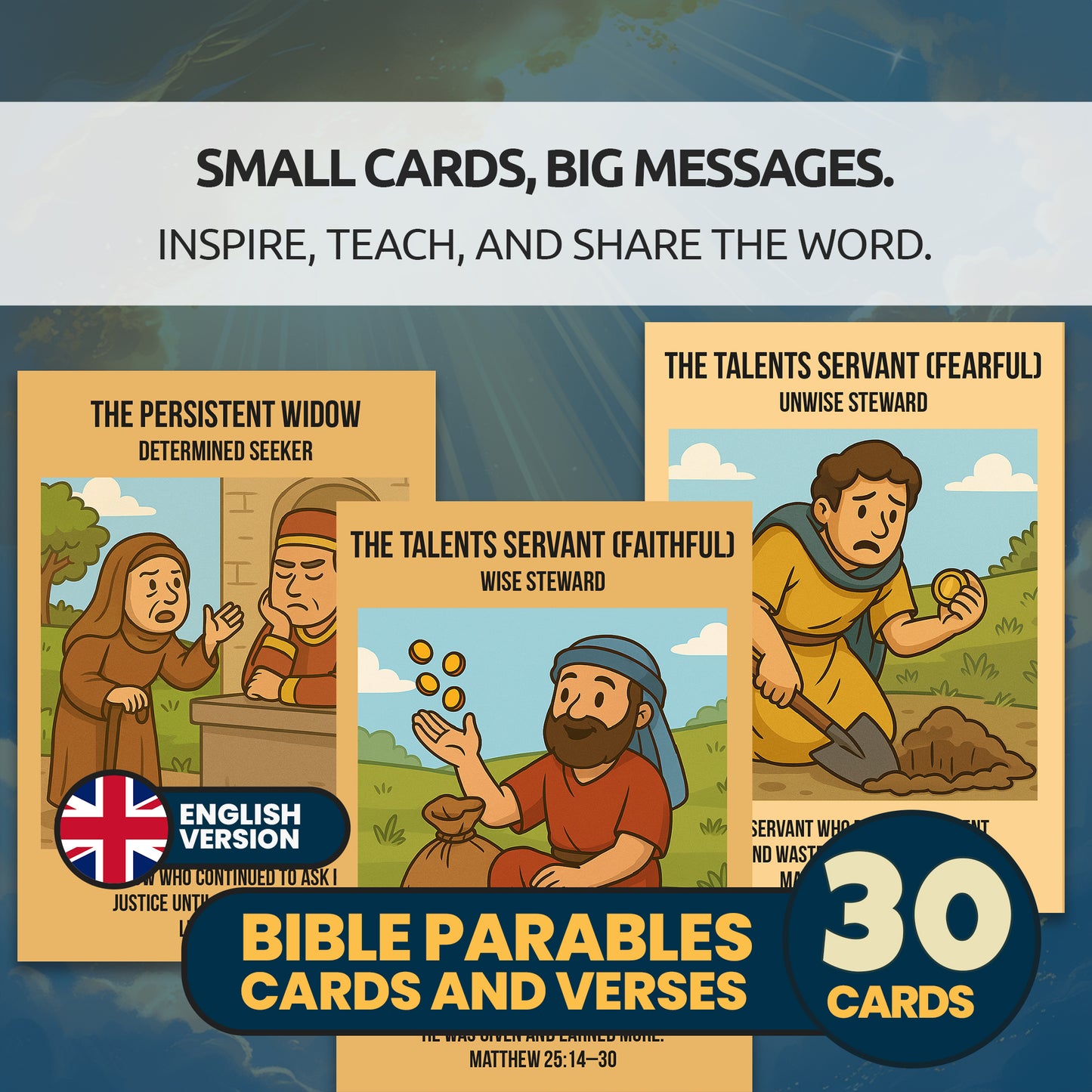 Bible Parables Character Cards for Kids | 30 Christian Parable Cards and Verses | Sunday School