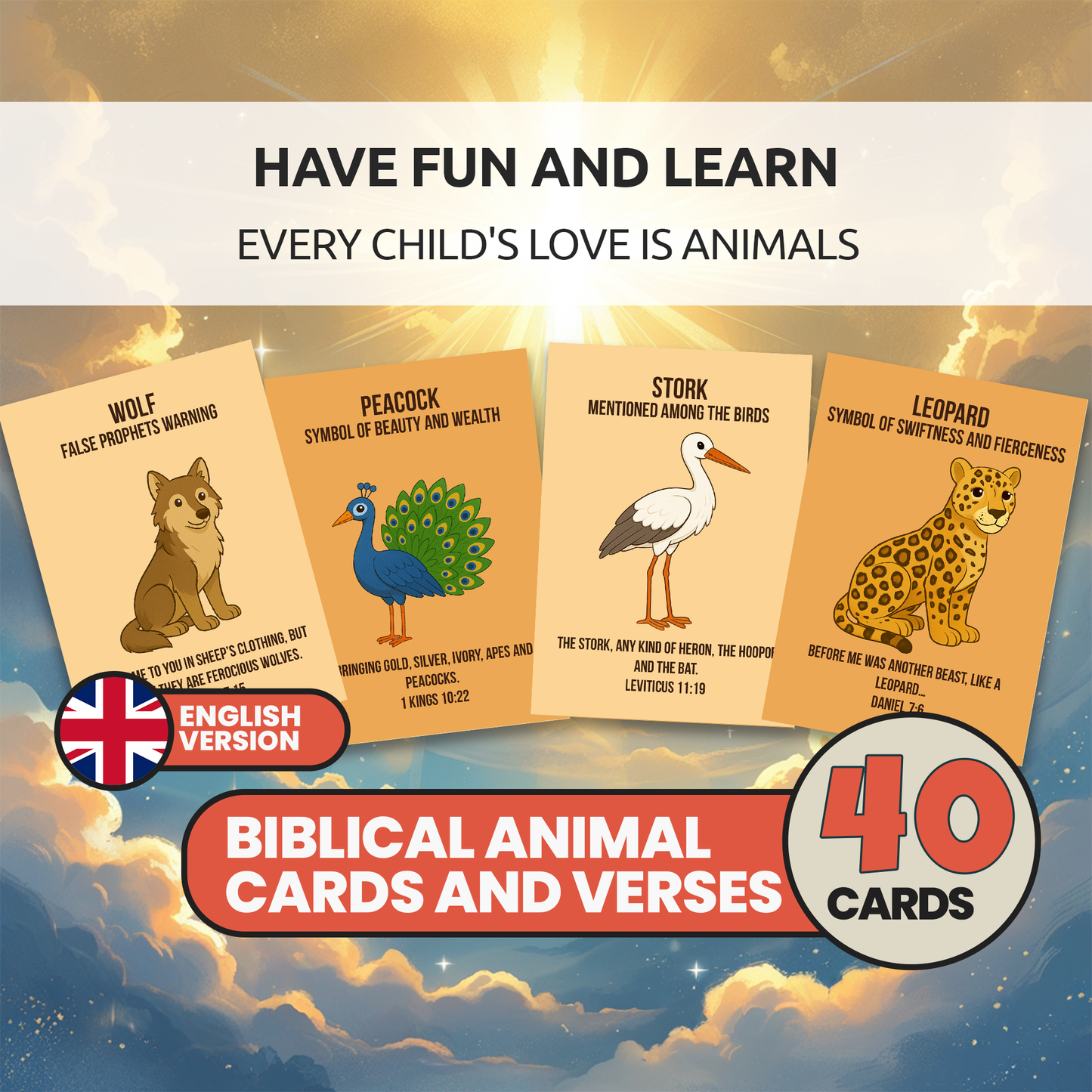Bible Animals Flashcards for Kids: Sunday School Homeschool Printable