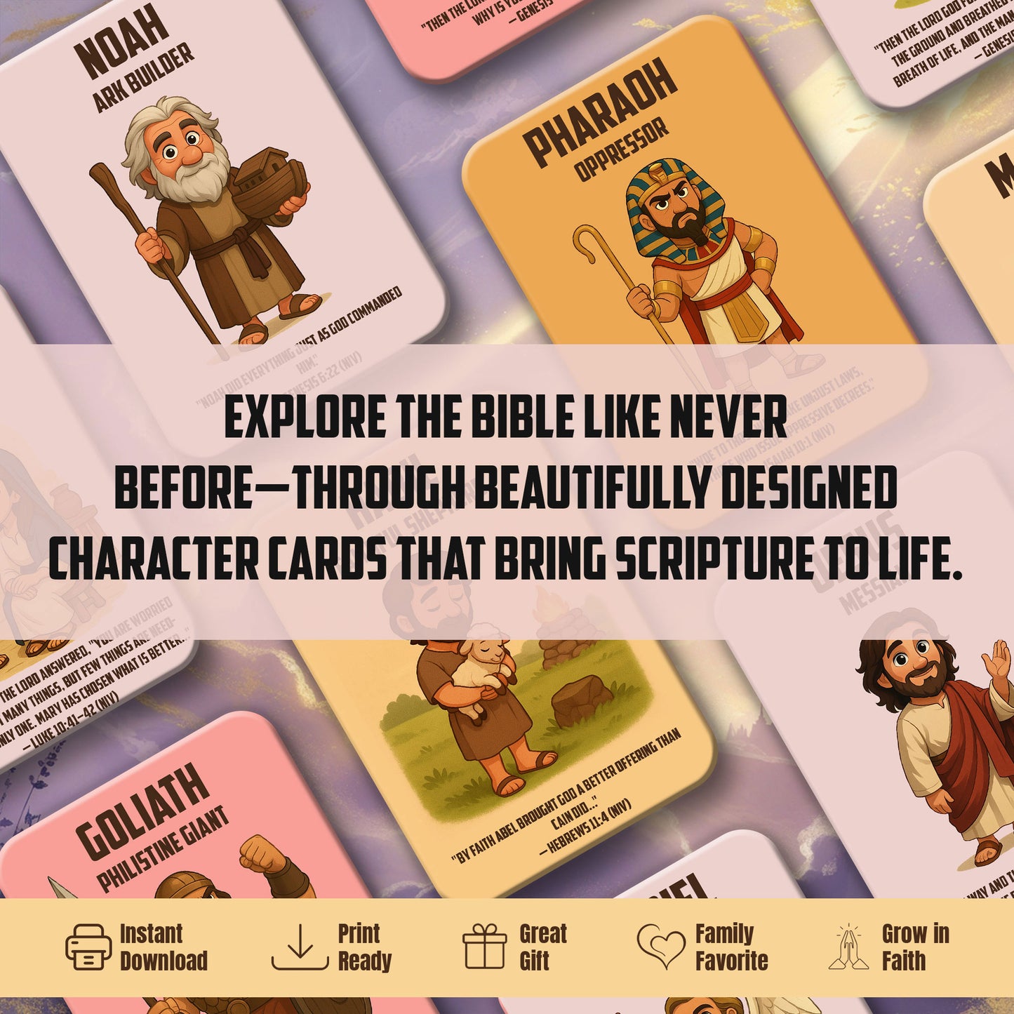 Bible Character Cards for Kids – Printable Christian Flashcards with Verses | Faith Learning Tool
