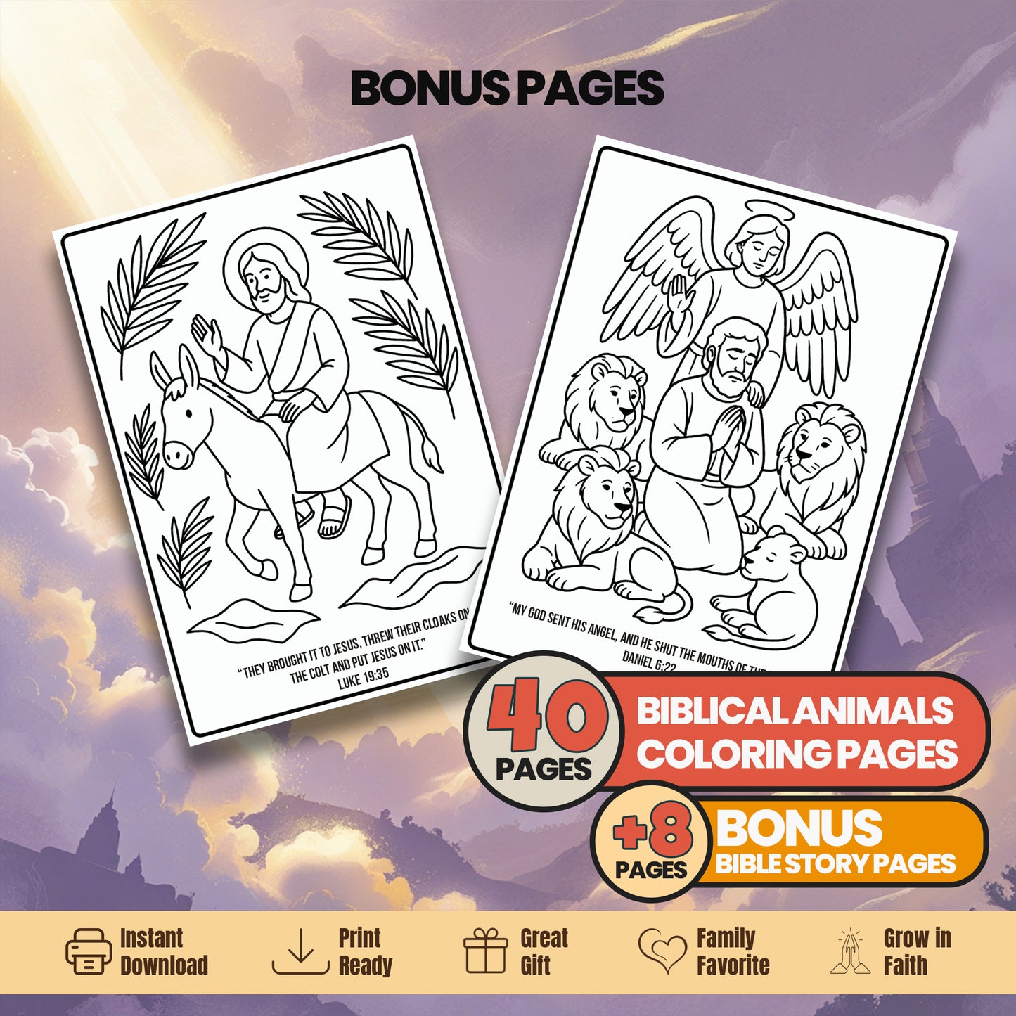 Bible Animals Coloring Book: 48 Christian Printable Pages - Sunday School Homeschool