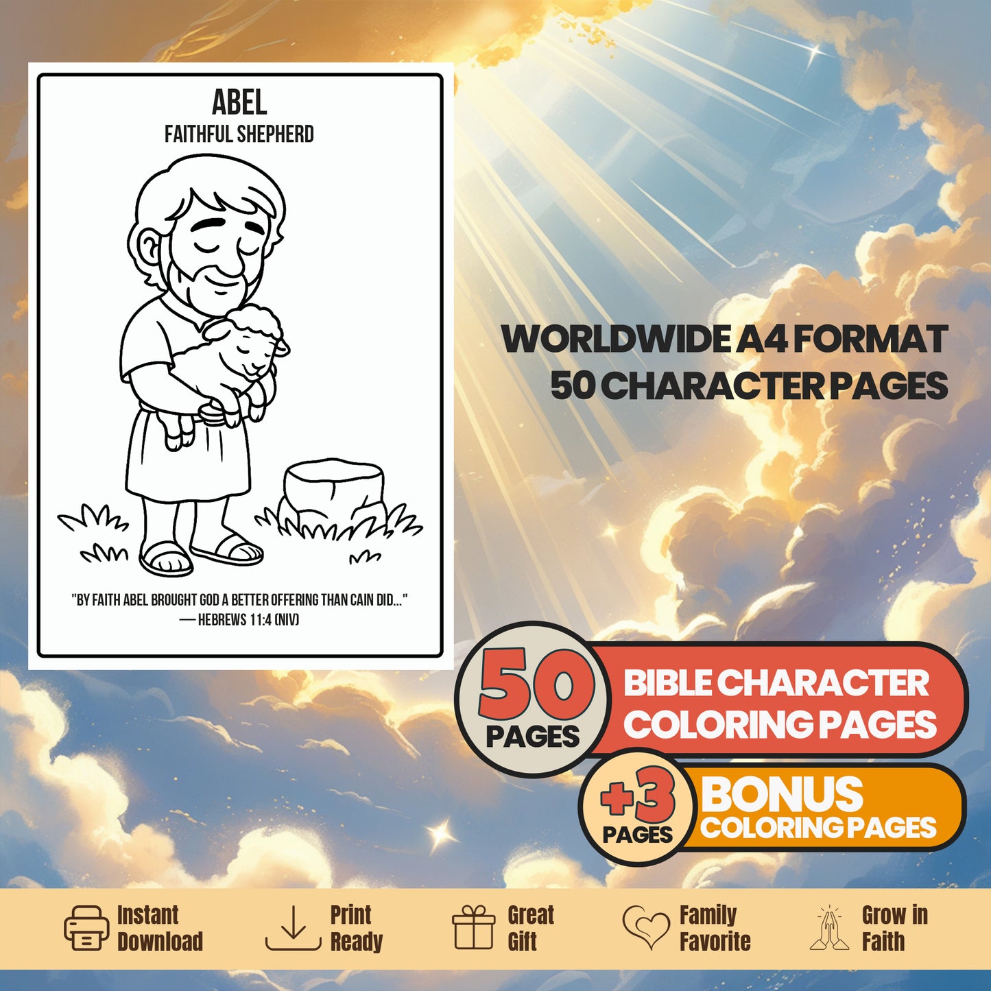 Bible Character Coloring Book for Kids – 50 Printable Pages with Verses & Titles