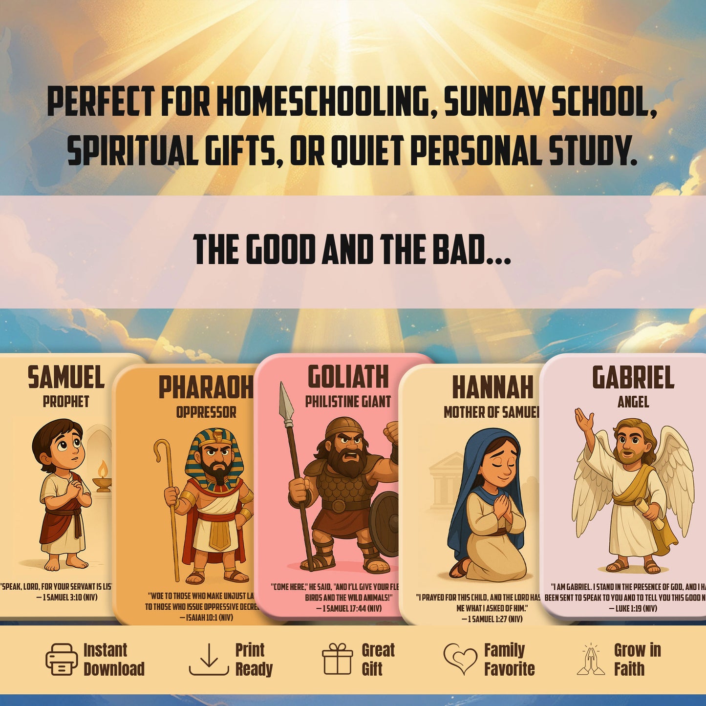 Bible Character Cards for Kids – Printable Christian Flashcards with Verses | Faith Learning Tool
