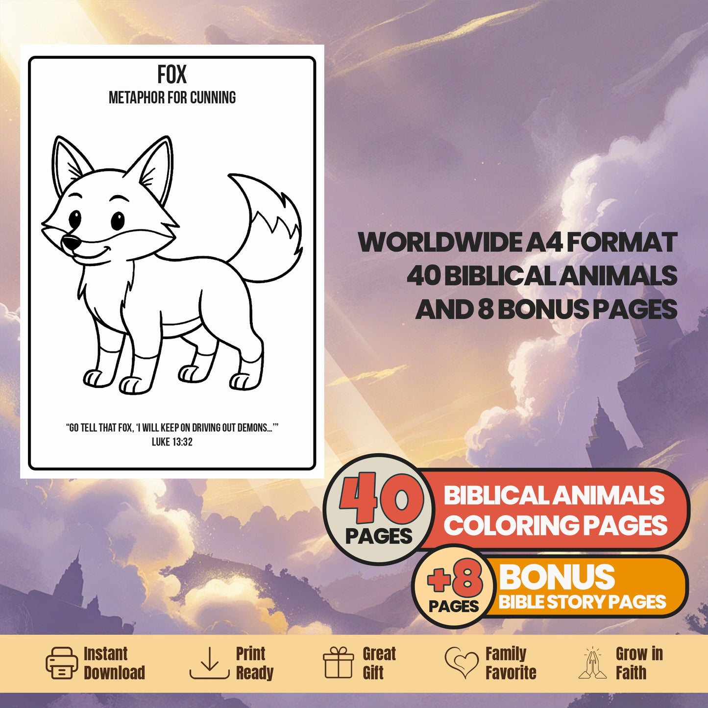 Bible Animals Coloring Book: 48 Christian Printable Pages - Sunday School Homeschool