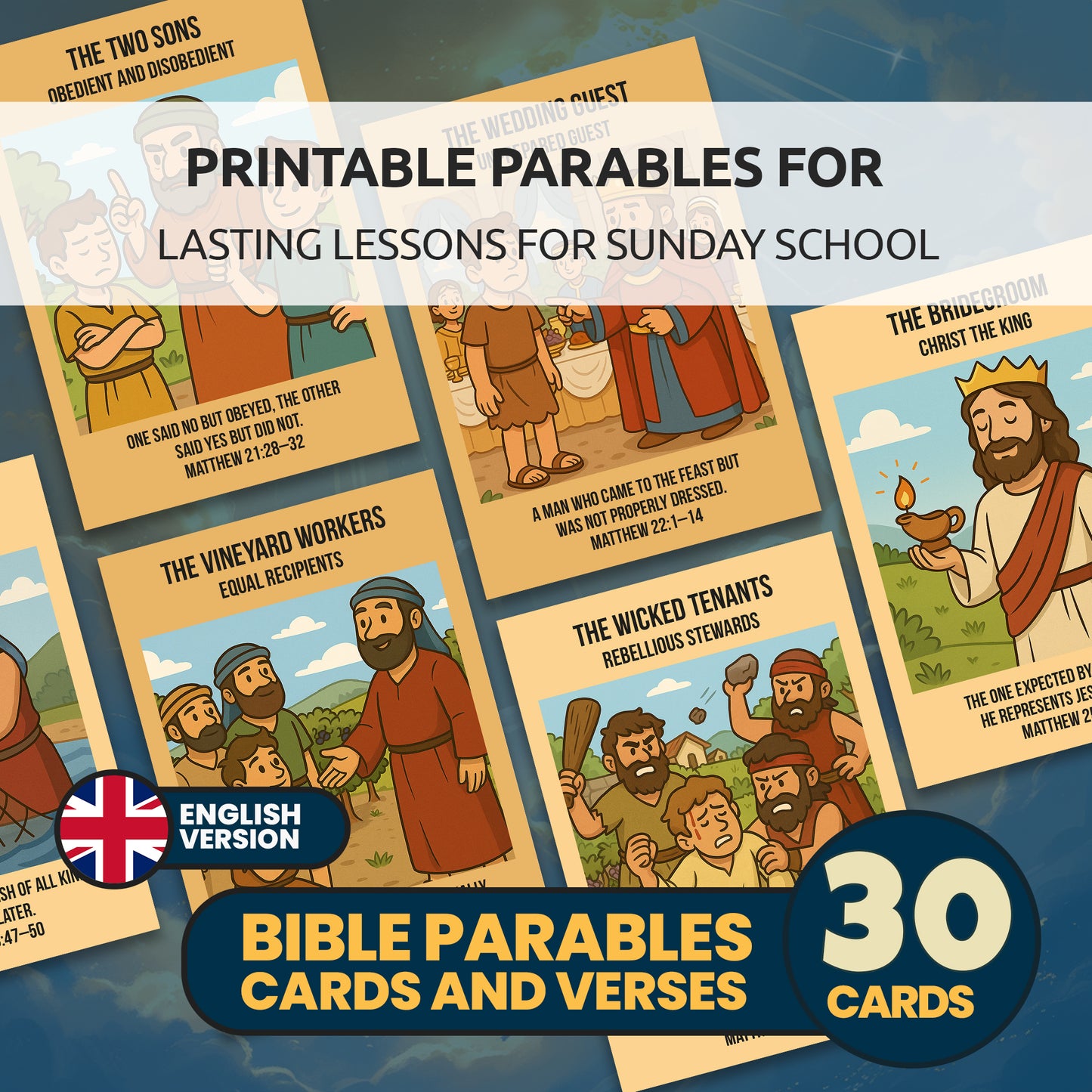Bible Parables Character Cards for Kids | 30 Christian Parable Cards and Verses | Sunday School