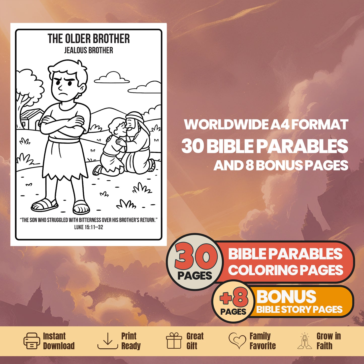 Bible Parables Coloring Book: 30 Printable Pages + Bible Story (Digital Download)