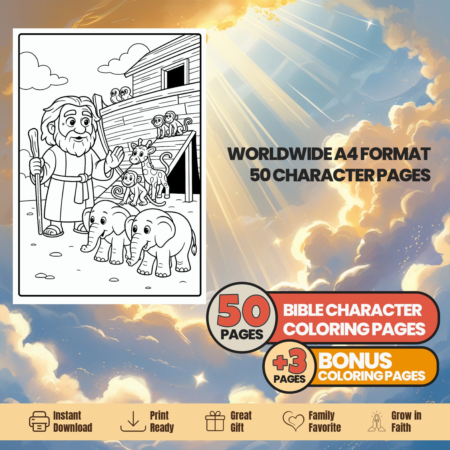 Bible Character Coloring Book for Kids – 50 Printable Pages with Verses & Titles