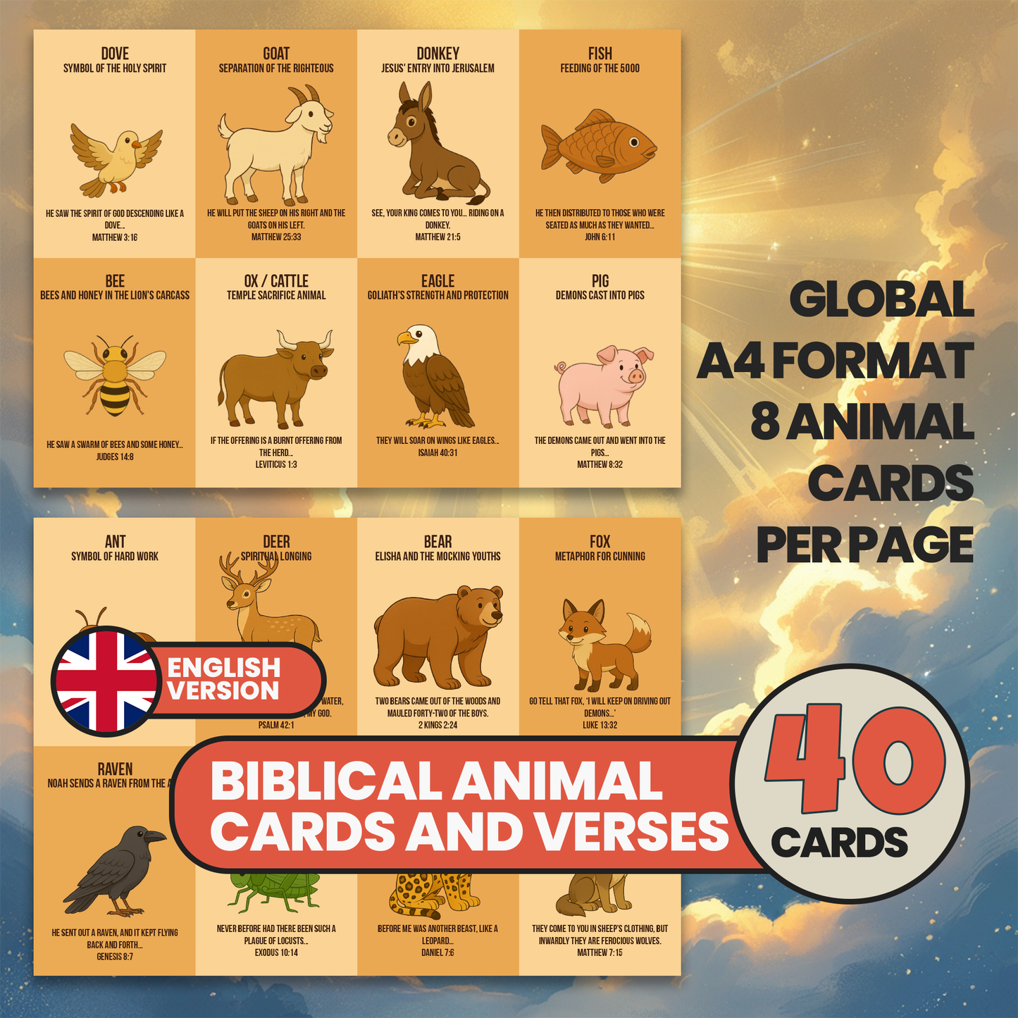 Bible Animals Flashcards for Kids: Sunday School Homeschool Printable