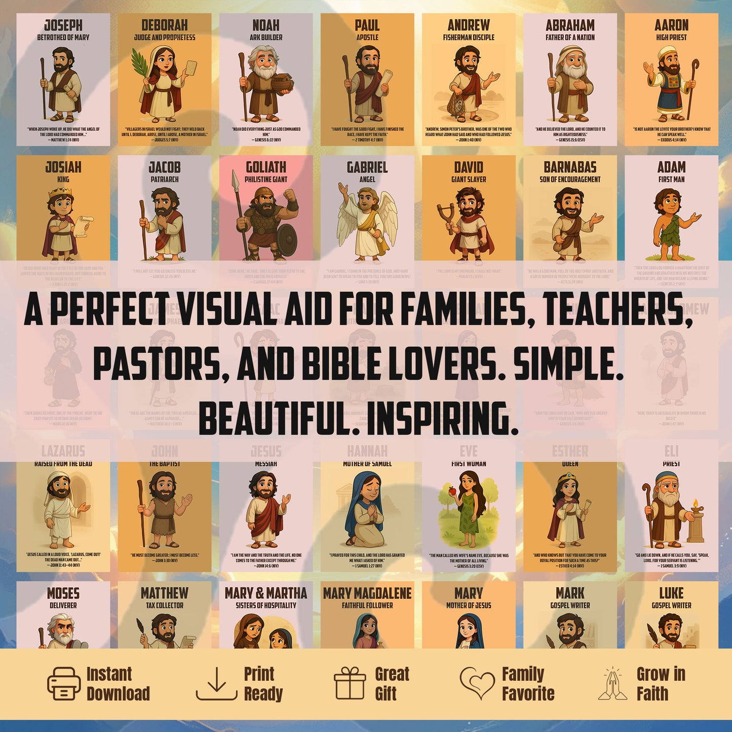 Bible Character Cards for Kids – Printable Christian Flashcards with Verses | Faith Learning Tool