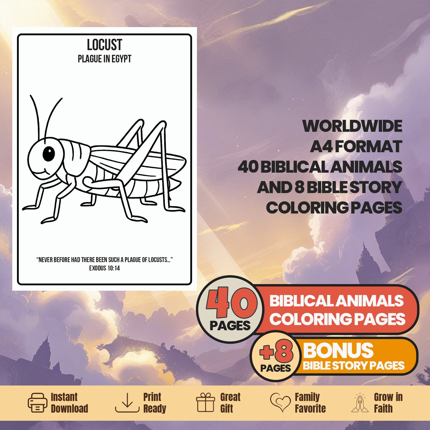 Bible Animals Coloring Book: 48 Christian Printable Pages - Sunday School Homeschool