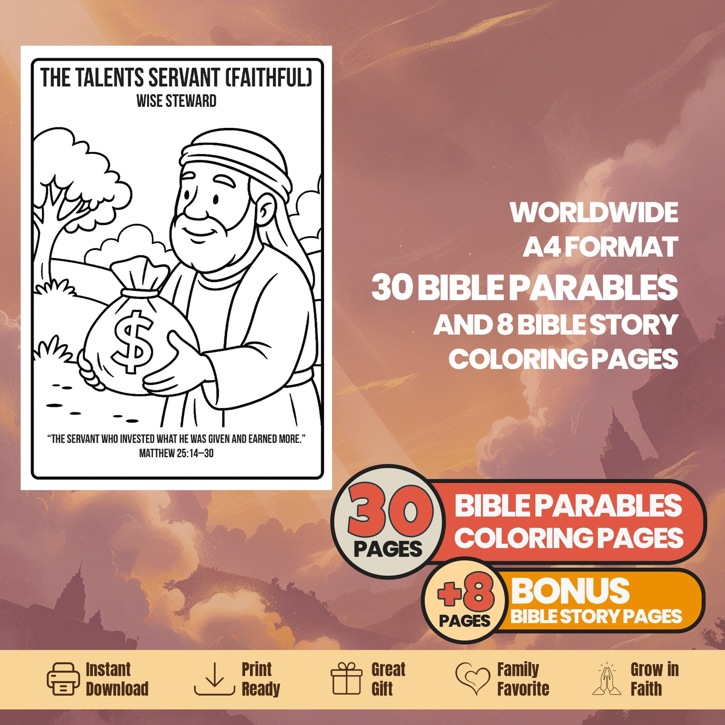Bible Parables Coloring Book: 30 Printable Pages + Bible Story (Digital Download)