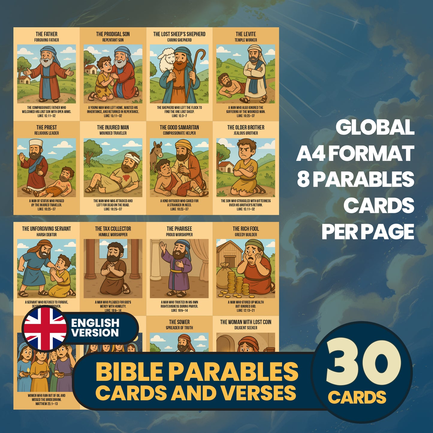 Bible Parables Character Cards for Kids | 30 Christian Parable Cards and Verses | Sunday School