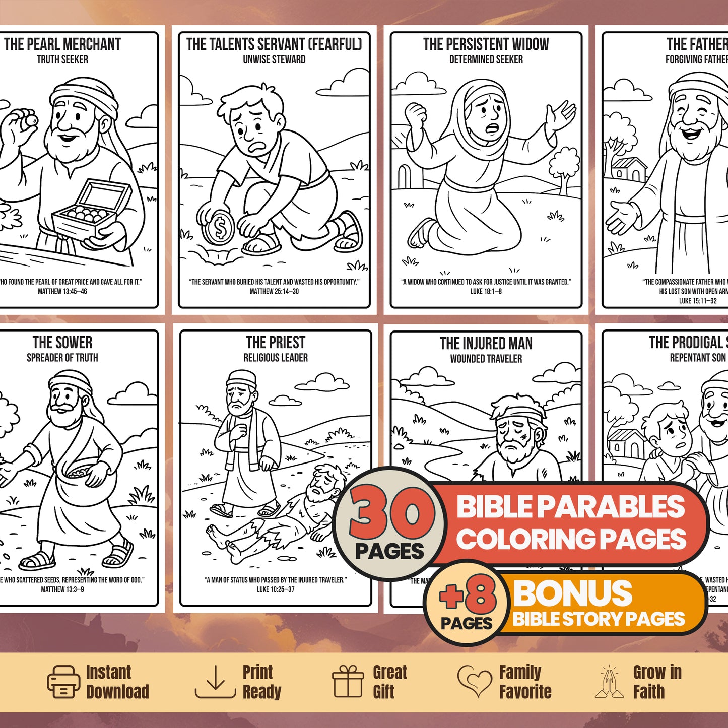 Bible Parables Coloring Book: 30 Printable Pages + Bible Story (Digital Download)