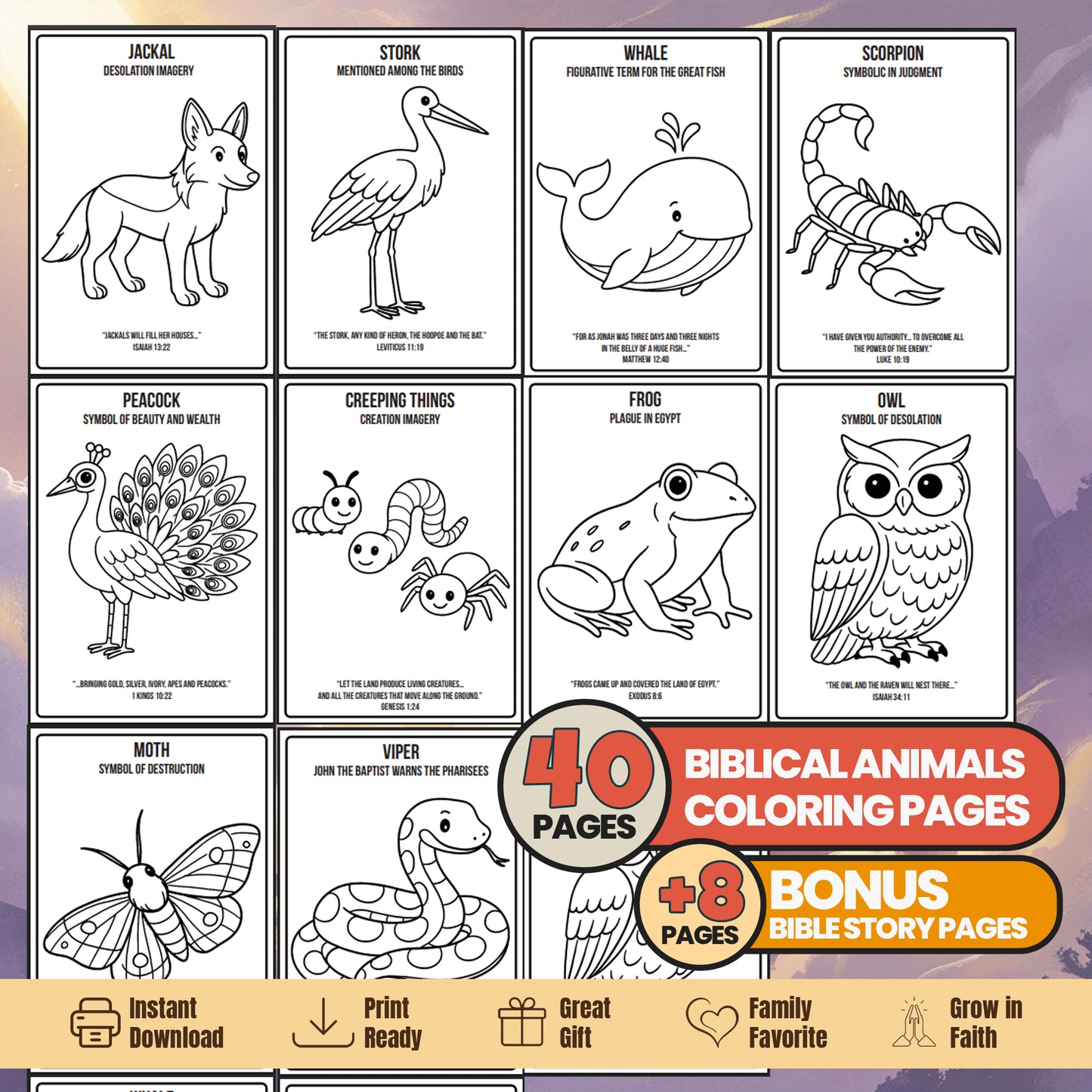 Bible Animals Coloring Book: 48 Christian Printable Pages - Sunday School Homeschool